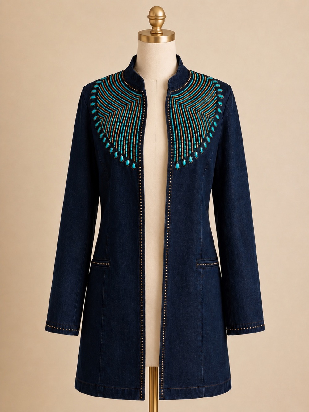 NWT Midnight Velvet Turquoise Beaded Western Duster Jacket Small